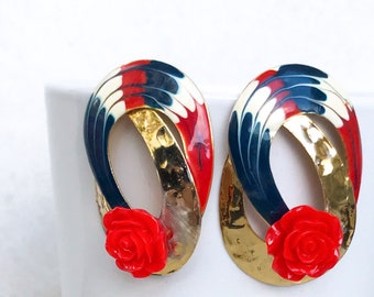 Vintage Enamel Flower Earrings, Red White Blue Earrings, Retro Upcyled Bohemian Earrings, Rose Assemblage Statement Earrings