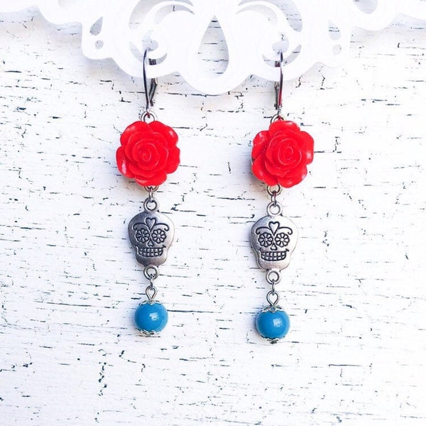 Floral Sugar Skull Earrings, Red Turquoise Blue Jewellery, Mexican Calavera Assemblage Jewelry, Bohemian Rose Statement Earrings