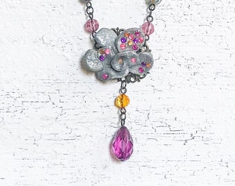 Bohemian Rhinestone Flower Necklace, Handmade Polymer Clay Pendant, Purple Orange Pink Jewelry, Boho Assemblage Statement Jewellery