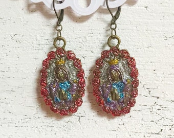 Saint Medallion Reliquary Earrings, Hand Painted Santos Jewelry, Religious Catholic Statement Earrings, Glitter Resin Saint Jewellery