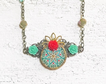 Moroccan Turquoise Flower Necklace, Red  Rose Statement Jewelry, Mediterranean Resin Photo Pendant, Mandala Tile Assemblage Jewellery