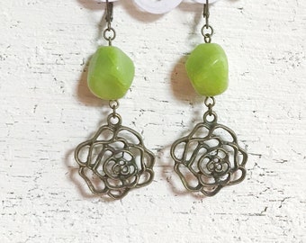 Chartreuse Green Floral Earrings, Rose Flower Statement Earrings, Olive Green Cottagecore Jewellery , Southwestern Bohemian Green Jewelry