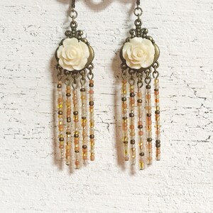 Ivory Flower Tassel Earrings, Bohemian Beaded Chandelier Earrings, White Rose Fringe Jewelry, Boho Assemblage Statement Jewellery image 8