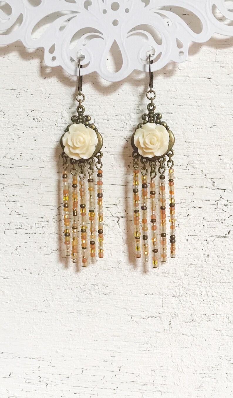 Ivory Flower Tassel Earrings, Bohemian Beaded Chandelier Earrings, White Rose Fringe Jewelry, Boho Assemblage Statement Jewellery image 8