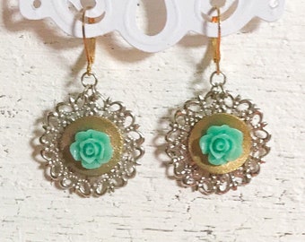 Teal Gold Flower Earrings, Floral Green Southwestern Jewelry, Bohemian Rose Assemblage Jewellery, Mexican Boho Statement Earrings