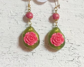 Floral Bohemian Assemblage Earrings, Pink Chartreuse Green Jewelry, Mexican Flower Statement Jewellery, Southwestern Boho Rose Earrings