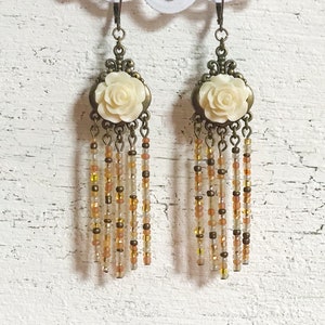 Ivory Flower Tassel Earrings, Bohemian Beaded Chandelier Earrings, White Rose Fringe Jewelry, Boho Assemblage Statement Jewellery image 1