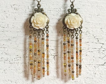 Ivory Flower Tassel Earrings, Bohemian Beaded Chandelier Earrings, White Rose Fringe Jewelry, Boho Assemblage Statement Jewellery