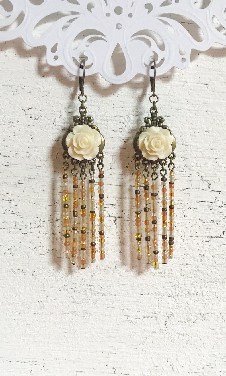 Ivory Flower Tassel Earrings, Bohemian Beaded Chandelier Earrings, White Rose Fringe Jewelry, Boho Assemblage Statement Jewellery image 1