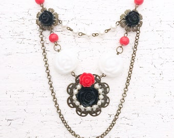 Floral Mexican Statement Necklace, Red Black White Jewellery, Spanish Rose Assemblage Necklace, Southwestern Bohemian Flower Necklace