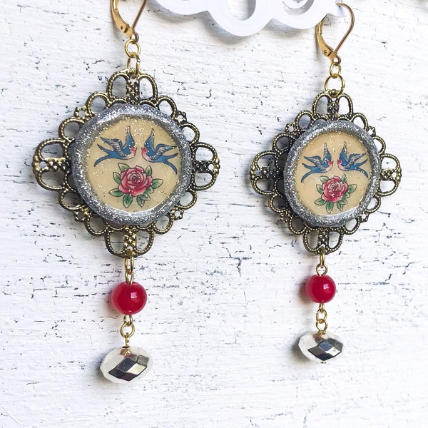 Blue Bird Rose Earrings, Boho Red Flower Jewelry, Sailor Jerry Tattoo Earrings, Bohemian Sparrow Statement Jewellery