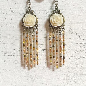 Ivory Flower Tassel Earrings, Bohemian Beaded Chandelier Earrings, White Rose Fringe Jewelry, Boho Assemblage Statement Jewellery image 2