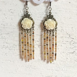 Ivory Flower Tassel Earrings, Bohemian Beaded Chandelier Earrings, White Rose Fringe Jewelry, Boho Assemblage Statement Jewellery image 7