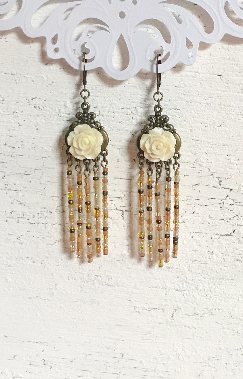 Ivory Flower Tassel Earrings, Bohemian Beaded Chandelier Earrings, White Rose Fringe Jewelry, Boho Assemblage Statement Jewellery image 7