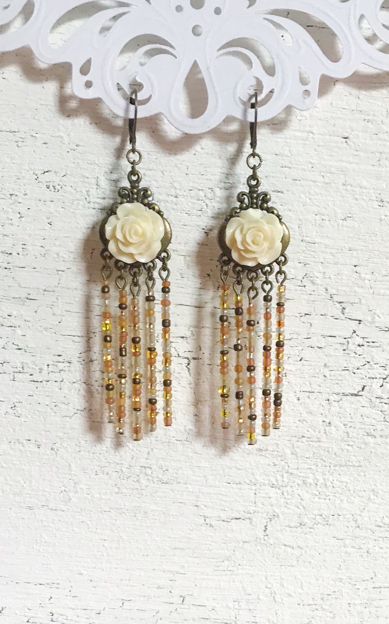 Ivory Flower Tassel Earrings, Bohemian Beaded Chandelier Earrings, White Rose Fringe Jewelry, Boho Assemblage Statement Jewellery image 6