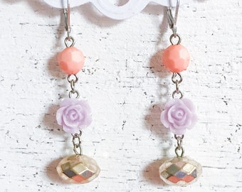 Purple Flower Beaded Earrings, Peach Orange Silver Jewelry, Bohemian Coral Statement Earrings, Floral Lavender Rose Jewellery