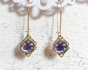 Purple Rhinestone Flower Earrings, Bohemian Floral Assemblage Jewellery, Purple Gold Wedding Jewelry, Amethyst Crystal Statement Earrings