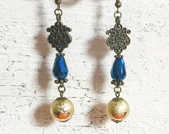 Moroccan Blue Crystal Earrings, Arabesque Filigree Statement Jewelry, Middle Eastern Bohemian Earrings, Mediterranean Gold Boho Jewellery