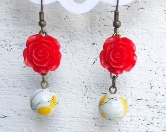 Red Flower Beaded Earrings, Black Yellow White Jewelry, Mexican Flower Dangle Earrings, Southwestern Beaded Rose Jewellery