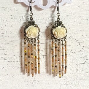 Ivory Flower Tassel Earrings, Bohemian Beaded Chandelier Earrings, White Rose Fringe Jewelry, Boho Assemblage Statement Jewellery image 5