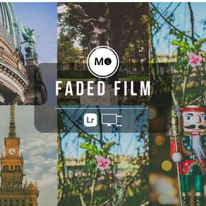Puede incluir: Un collage de imágenes con una estética de película descolorida. Las imágenes incluyen detalles arquitectónicos, una estatua, flores y un cascanueces. El texto "FADED FILM" se superpone a las imágenes, junto con un logotipo e iconos.