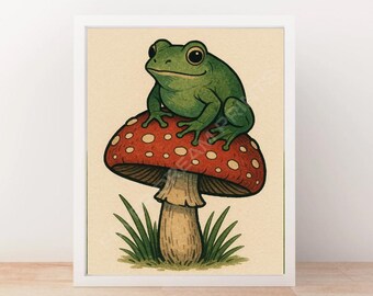 Frog on Toadstool Print: Whimsical Cottagecore Wall Art