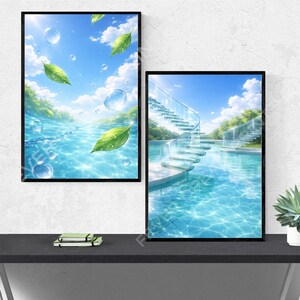 May include: Two framed art prints. One depicts a serene water scene with bubbles, green leaves, and a blue sky. The other shows a pool with a spiral staircase and a sunny sky. Both are in black frames.