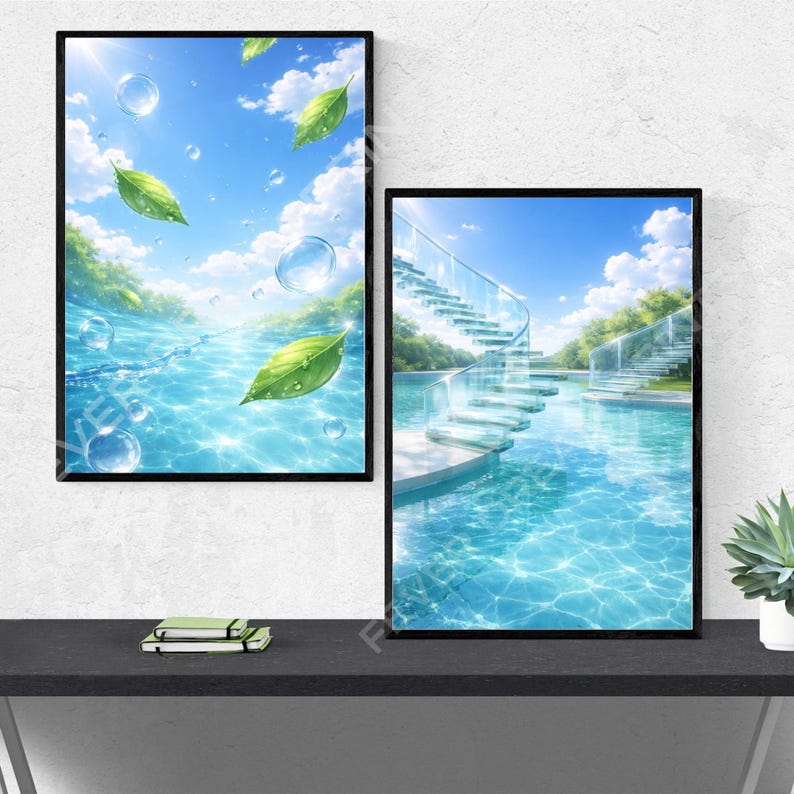 May include: Two framed art prints. One depicts a serene water scene with bubbles, green leaves, and a blue sky. The other shows a pool with a spiral staircase and a sunny sky. Both are in black frames.