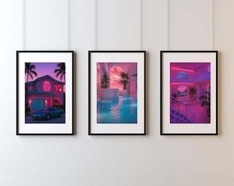 Miami Vaporwave Wall Art Prints – Neon Tropical Digital Bundle