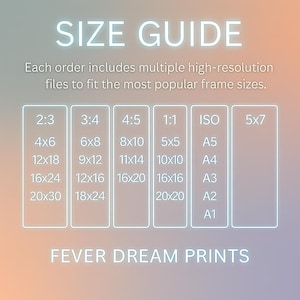 May include: A size guide graphic with a gradient background. The text "SIZE GUIDE" is at the top, followed by a list of frame sizes, including 2:3, 3:4, 4:5, 1:1, ISO, and 5x7. The text "FEVER DREAM PRINTS" is at the bottom.