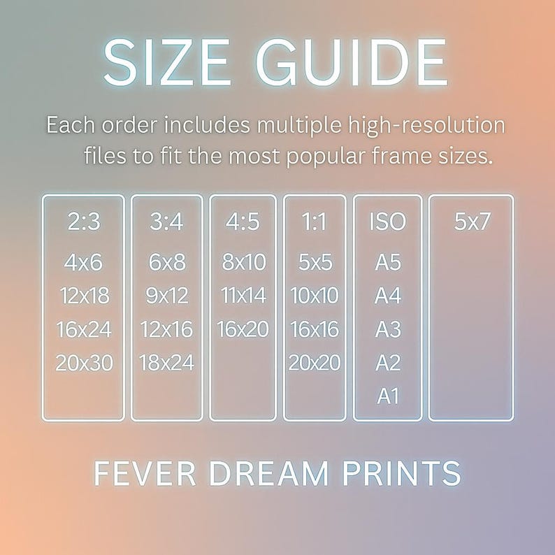 May include: A size guide graphic with a gradient background. The text "SIZE GUIDE" is at the top, followed by a list of frame sizes, including 2:3, 3:4, 4:5, 1:1, ISO, and 5x7. The text "FEVER DREAM PRINTS" is at the bottom.