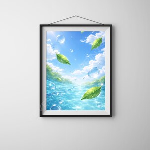 May include: A framed art print depicting a serene aquatic scene. The artwork features a bright blue sky with fluffy white clouds, clear water, and floating green leaves. Bubbles and sunlight add to the tranquil atmosphere.