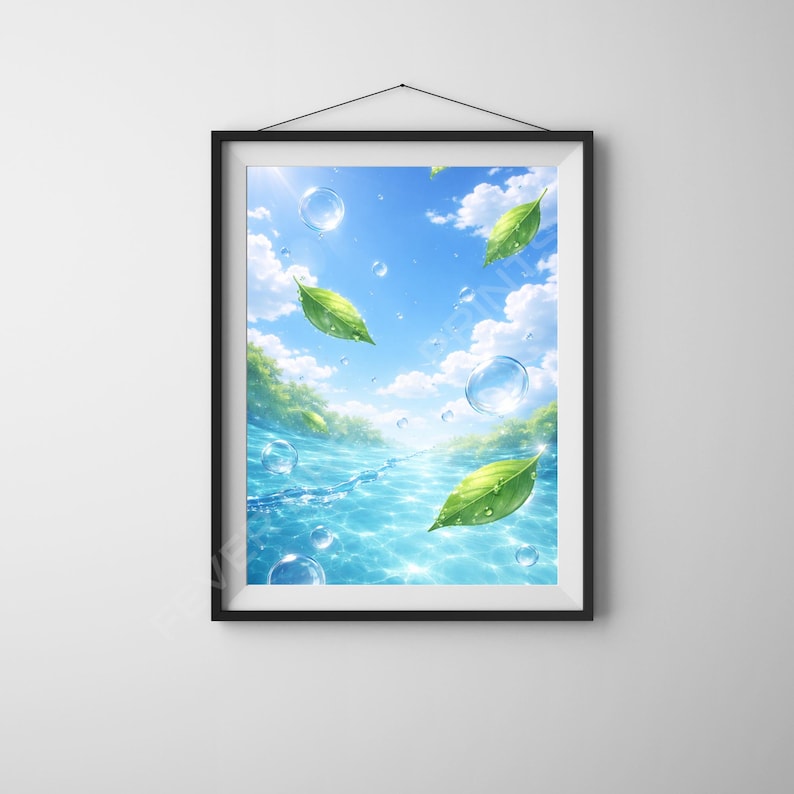 May include: A framed art print depicting a serene aquatic scene. The artwork features a bright blue sky with fluffy white clouds, clear water, and floating green leaves. Bubbles and sunlight add to the tranquil atmosphere.