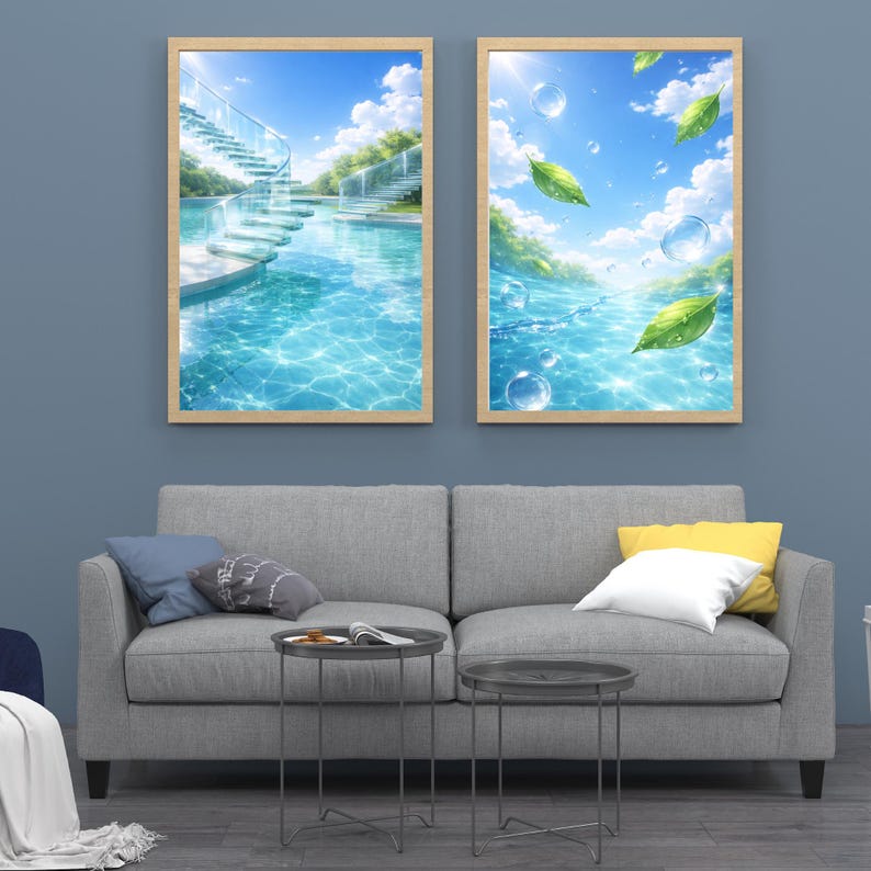May include: Two framed art prints depicting serene pool scenes with blue skies and lush greenery. One features a staircase leading into the water, the other shows bubbles and leaves. The artwork is displayed above a gray sofa.