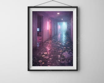 Flooded Neon Hallway Dreamcore Print Liminal Space Wall Art Nostalgic Surreal Download