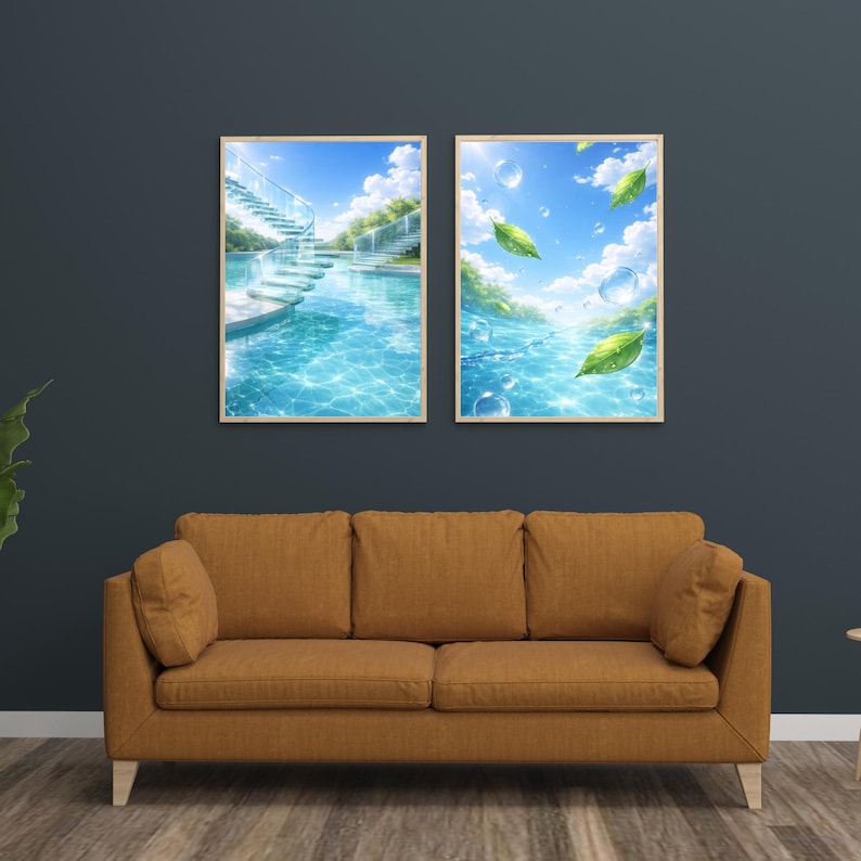 May include: Two framed art prints depicting a serene pool scene with a spiral staircase and a vibrant blue sky. The second print shows bubbles and leaves floating in water. The artwork is displayed above a brown sofa.
