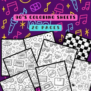 May include: A collection of 90's coloring sheets with 20 pages. The sheets feature black and white line art of retro designs like roller skates, cassette tapes, and smiley faces. The background is purple with neon music notes and microphones.