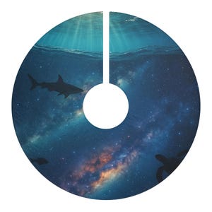 Op de afbeelding: Ronde kerstboomrok met een onderwaterscène met een haai-silhouet, een schildpad-silhouet en een sterrenhemel. Het heeft een centrale opening en een spleet voor gemakkelijke plaatsing rond een boomstam.