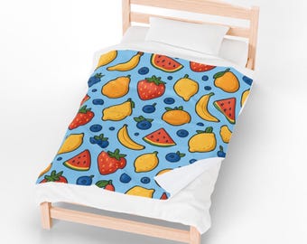 Colorful Fruit Pattern Velveteen Plush Blanket | Strawberries, Bananas, Lemons