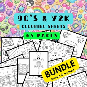 May include: A collection of 90's and Y2K coloring sheets. The image has a vibrant background with retro icons. The text on the image reads "90'S & Y2K COLORING SHEETS" and "65 PAGES". A yellow banner says "BUNDLE Instant download".