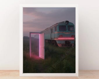 Dreamcore Wall Art | Neon Door & Train | Surreal Liminal Space Digital Print