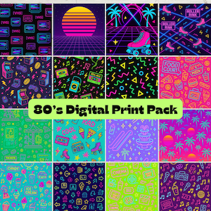 May include: A collection of digital prints with an 80s theme. The designs include retro arcade games, roller skates, cassette tapes, and neon sunsets. The text "80's Digital Print Pack" is displayed.