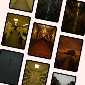 May include: A selection of digital art prints on tablets. The images show diverse scenes, such as a hallway with a red patterned carpet, an office, a barn in a field, and a dark, foreboding corridor.