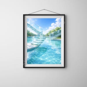 May include: Framed art print featuring a serene pool scene with a spiral staircase. The water is a vibrant turquoise, reflecting the blue sky and fluffy white clouds. Lush green trees line the background, creating a tranquil atmosphere.
