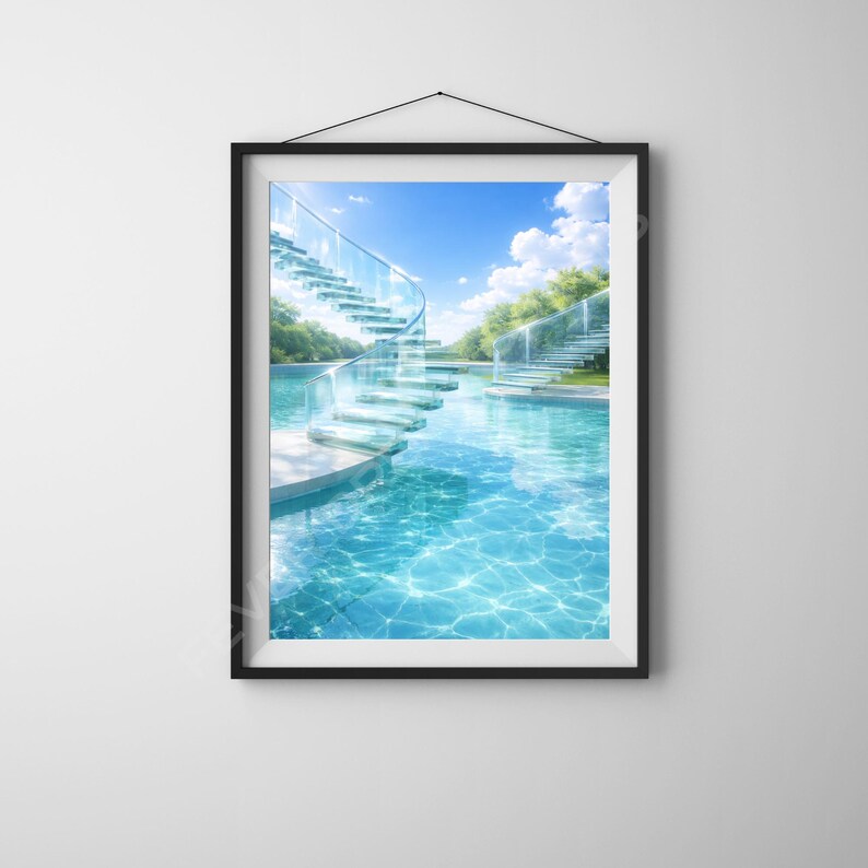 May include: Framed art print featuring a serene pool scene with a spiral staircase. The water is a vibrant turquoise, reflecting the blue sky and fluffy white clouds. Lush green trees line the background, creating a tranquil atmosphere.