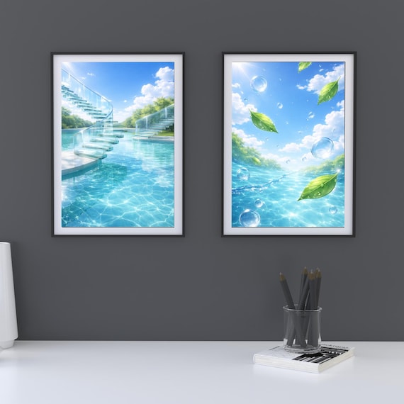 Dreamy Glass Staircase & Floating Leaves Prints – Frutiger Aero Water Art Set