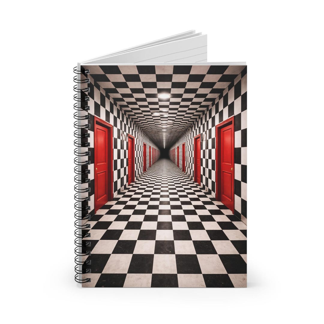 Checkerboard Hallway Notebook, Surreal Red Doors, Liminal Space Journal ...