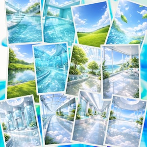 Könnte beinhalten: Eine Collage von Bildern mit ruhigen Szenen mit Wasser, Grün und blauem Himmel. Die Bilder zeigen einen Pool, einen See und moderne architektonische Räume mit großen Fenstern. Das Gesamtthema ist Ruhe und natürliche Schönheit.