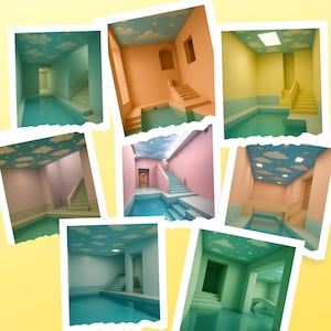 May include: A collage of images depicting surreal interior spaces with swimming pools. The rooms feature pastel-colored walls, staircases, and ceilings painted with clouds and stars. The water in the pools is a vibrant turquoise.