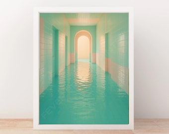 Op de afbeelding: Een ingelijste kunstdruk met een surrealistische gang. De gang is betegeld in turquoise en wit, met een reflecterende turquoise vloer. De boog aan het einde gloeit met warm licht. De print zit in een witte lijst.